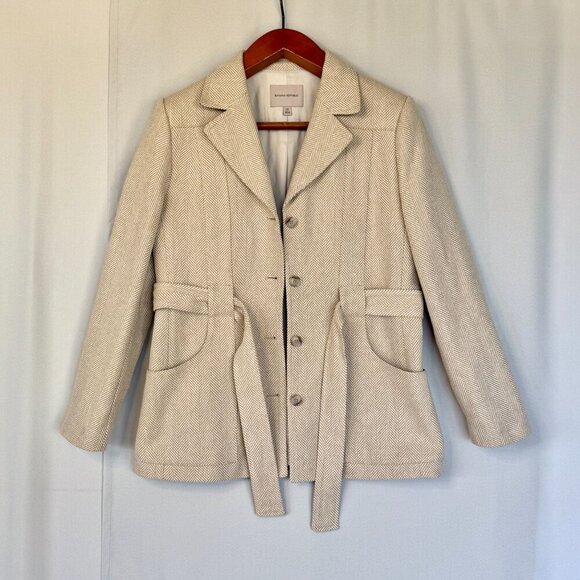 Banana Republic Norfolk Linen-Cotton Cream Herringbone Belted Long Blazer Jacket - Picture 5 of 17